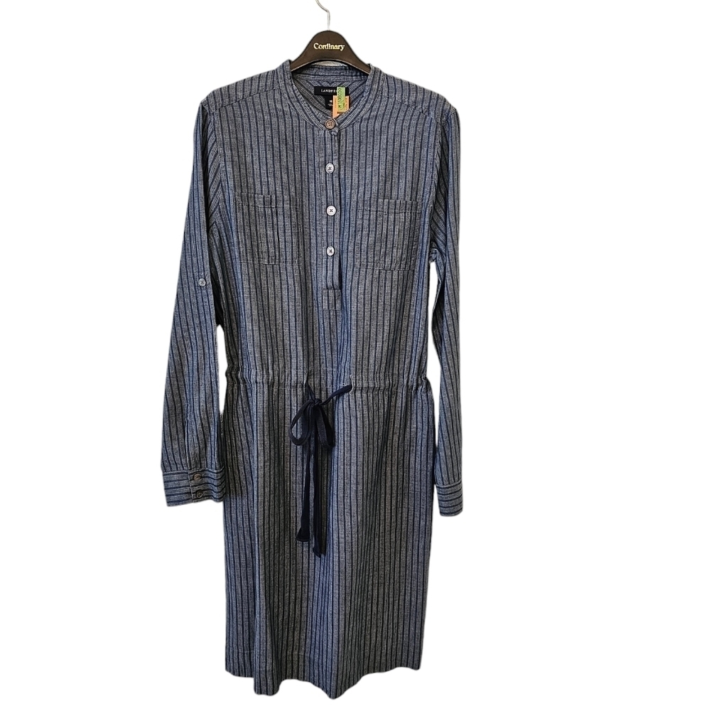 Land's End Size 10 100% Cotton Blue Stripe Tie Waist Belt Dress Dry Cleaned